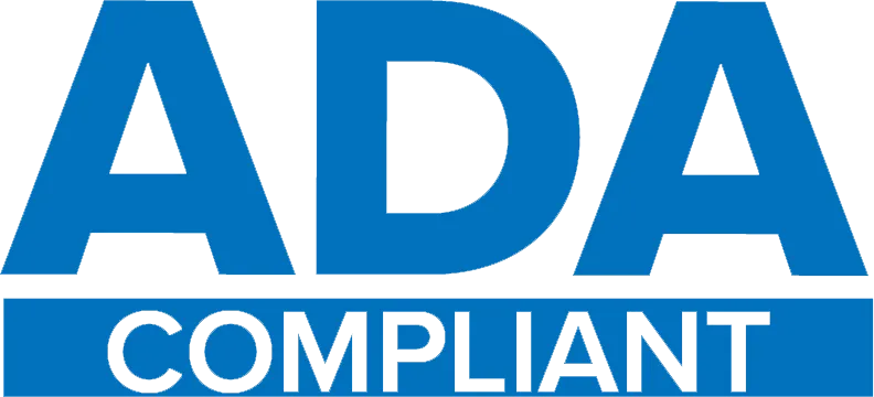 Blue text graphic with large letters “ADA” above smaller letters that read “COMPLIANT.”.