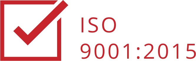 A red checkmark inside a square next to the words "ISO 9001:2015" written in red, indicating ISO 9001:2015 certification.