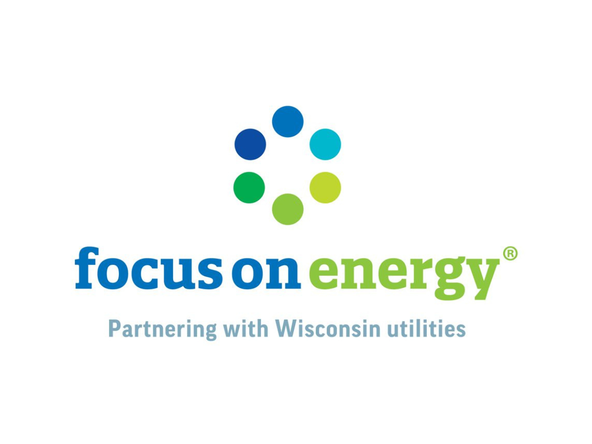 Focus on Energy logo featuring seven blue and green dots forming a circle above the text "focus on energy" and the tagline "Partnering with Wisconsin utilities" on a white background.