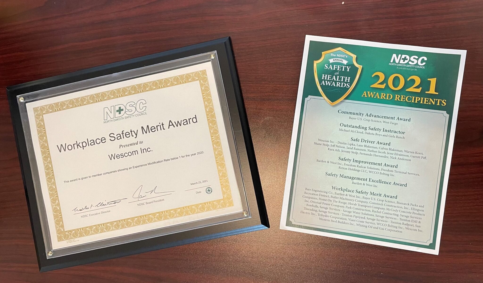 Wescom NDSC Workplace Safety Award 2021